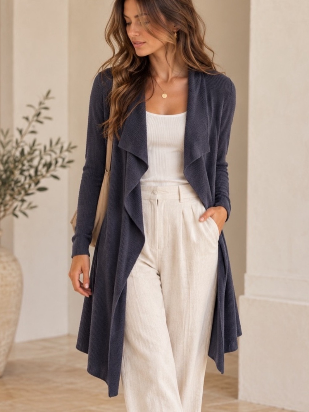 LINE The Label Linen Rayon Longline Waterfall Duster Cardigan S Blue Grey